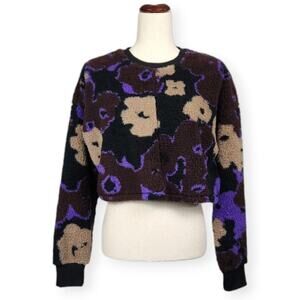 BP Sweater High Pile Fleece Black Brown Pressed Floral Women's Medium New